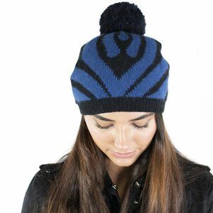 Portolano Cashmere Zebra Slouchy Hat With Pom Pom- Blue, Black